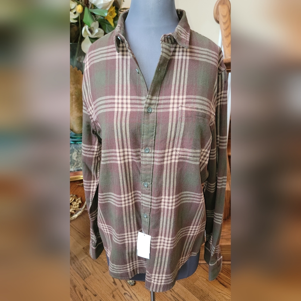 NWT ABOUND 100% Cotton Soft Olive Pink Plaid Button Down Flannel Shirt Pocket L